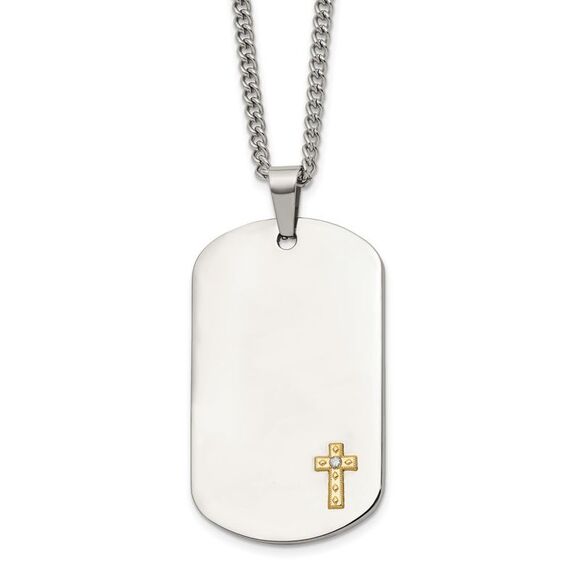 Steel 14k Yellow Gold Accent .02 ct. Diamond Cross Dog Tag 24in Curb Chain